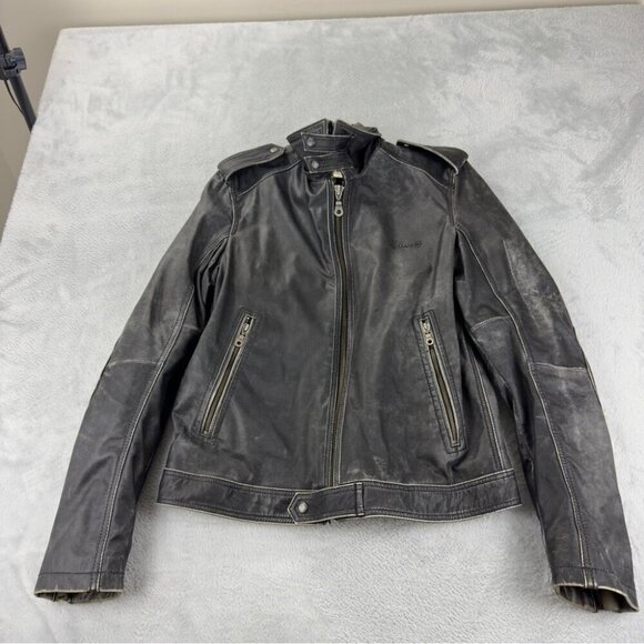 Diesel Wmn's Sz XL 100% Black Leather Distressed Color Faded Jacket Made Turkey - Picture 1 of 16